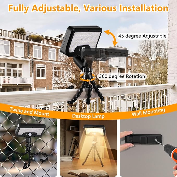 Solar Motion Lights Outdoor with Flexible Octopus Tripod, USB & Solar Powered Motion Sensor Lights with 92 LEDs(600LM,3000K), IP65 Waterproof Motion Activated Light for Fence, Camping, Gutter(2 Pack)