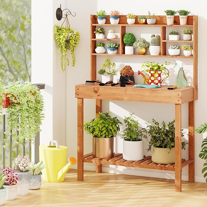 Giantex Potting Bench, Outside Solid Wood Potting Table with Flip-up Tabletop, Shelves, Indoor Outdoor Wooden Workbench for Patio Porch Balcony, Potted Plant Display Rack, 42"x18"x60", Brown