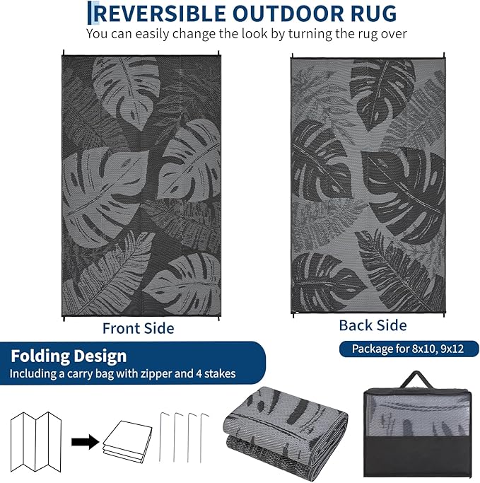 COZYLOOM Outdoor Patio Rug 8x10 Waterproof Plastic Straw Rug Reversible UV Resistant Camping Mat, Foldable Lightweight RV Picnic Mat with Portable Bag, Modern Outdoor Carpet for Yard, Black&Grey