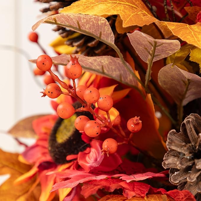 Glitzhome 2 PCS 36”H Fall Porch Tree, Harvest Artificial Porch Tree with Sunflower, Pinecone and Berry Porch & Black Planter, for Autumn Fall Harvest Thanksgiving Christmas Decoration