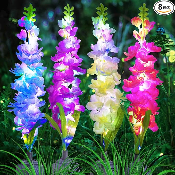 Solar Garden Lights, Solar Delphinium Flowers Lights 8 Pack 160 LEDs, Waterproof Outdoor Light Two Lighting Modes for Wedding Party Garden Yard Patio Lawn Decor and Gift for Mother