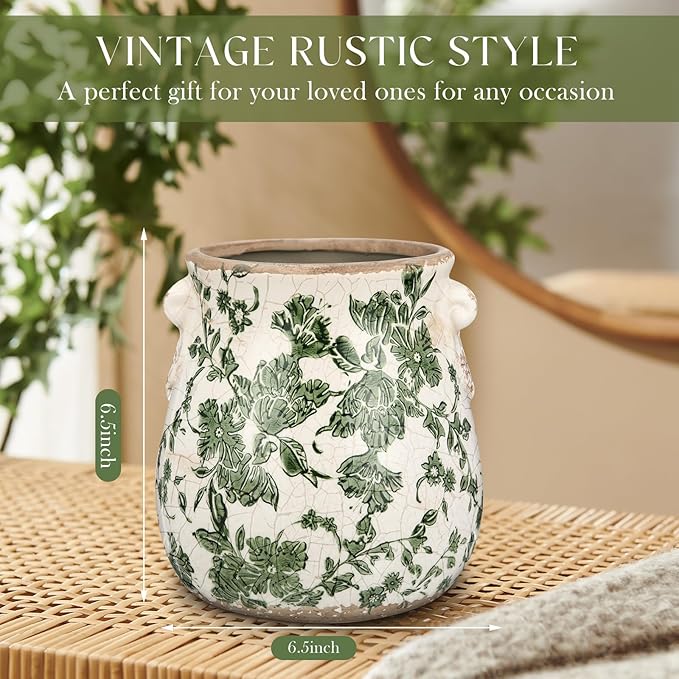 Ceramic Green Scroll Planter 6.5 Inch Chinoiserie Floral Vase with Drainage Holes Vintage Flower Vase Flower Pot Rustic Ceramic Pots for Indoor Plants Flowers Garden Home Bookshelf Decor