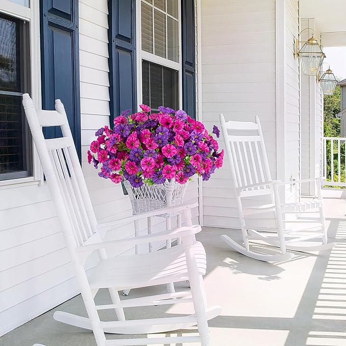 Artificial Flowers for Outdoors Decoration, 12 Bundles Fake Plastic Flower Plant, Faux Colorful Silk Morning Glory Petunias for Spring Summer Outside Garden Porch Front Door Decor, Purple