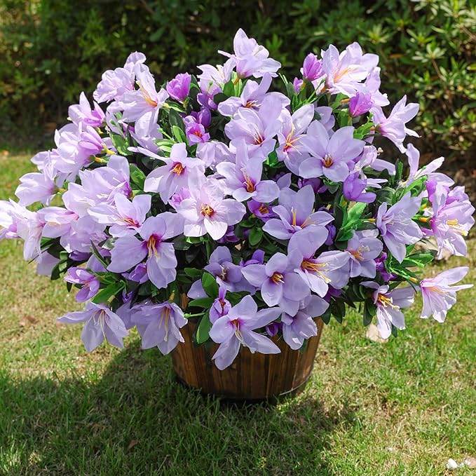 INSPRING Artificial Fake Flowers for Outdoors Spring Summer Decor, Faux Azalea Plants 3 Bundles Silk Flowers UV Resistant Realistic Outdoor Flower for Planters Porch Patio Garden Window Walkways Home