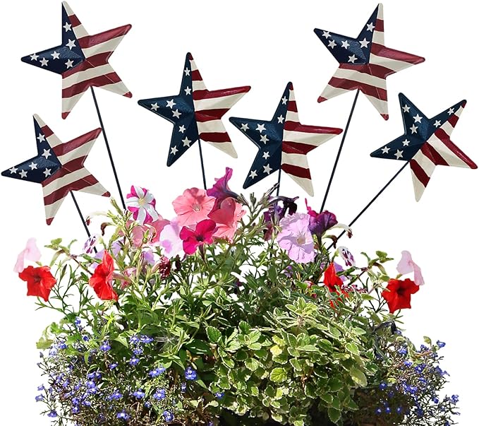 6set 12"H Metal American Star Barn Yard Sign, Patriotic Metal US Flag Star Barn Garden Stake for Planter Pot Walkway Pathway 4th of July Decor Memorial Day Outdoor Lawn Decorations