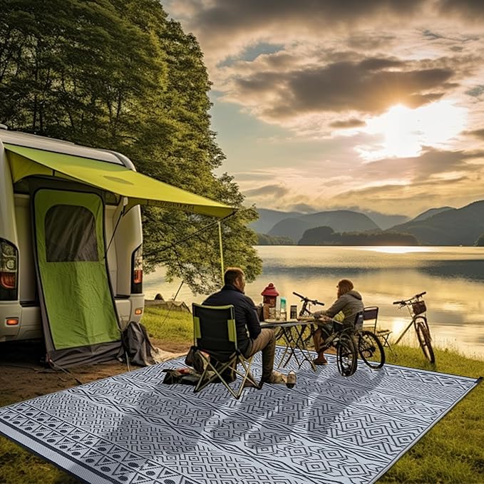 SAND MINE Reversible Mat, Indoor Outdoor Rug Carpet, Reversible Patio Rug, RV Camping Rug, Plastic Straw Rug, Large Floor Mat for RV, Patio, Backyard, Deck, Picnic, Camping, Grey & White, 6' x 9'