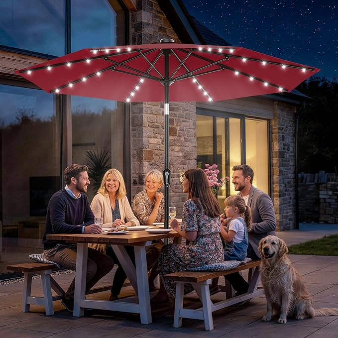 AreShark 9FT Patio Umbrella with Solar Lights, 32 LED Lighted Pool Umbrella w/Tilt and Crank, Outdoor Market Solar Umbrellas for Garden, Deck, Backyard, Pool and Beach, Dark Red