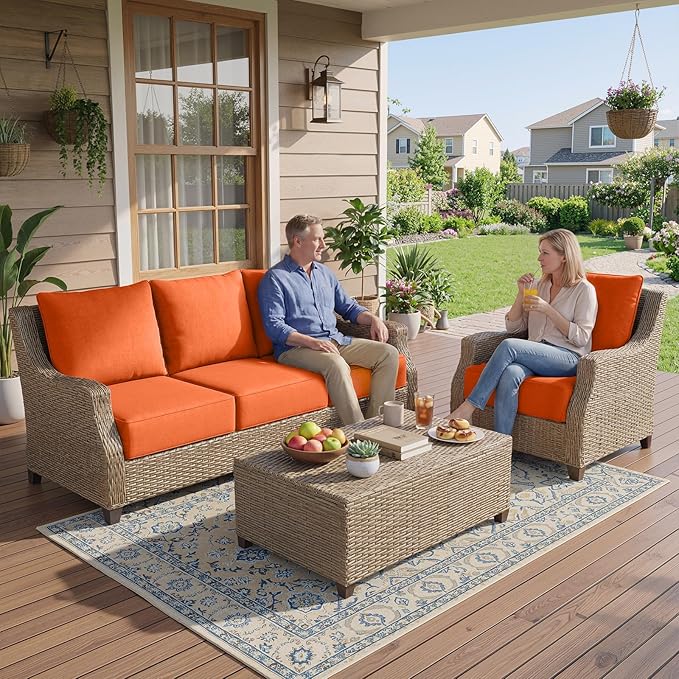 Belord Luxury 6" Thick Outdoor Cushion 3 Set - 24 x24 Inch 28D Sponge Filling Fade-Resistant Chair Cushion, Spill Proof Removable Patio Furniture Replacement Cushion for Sofa Bench Swing - Orange