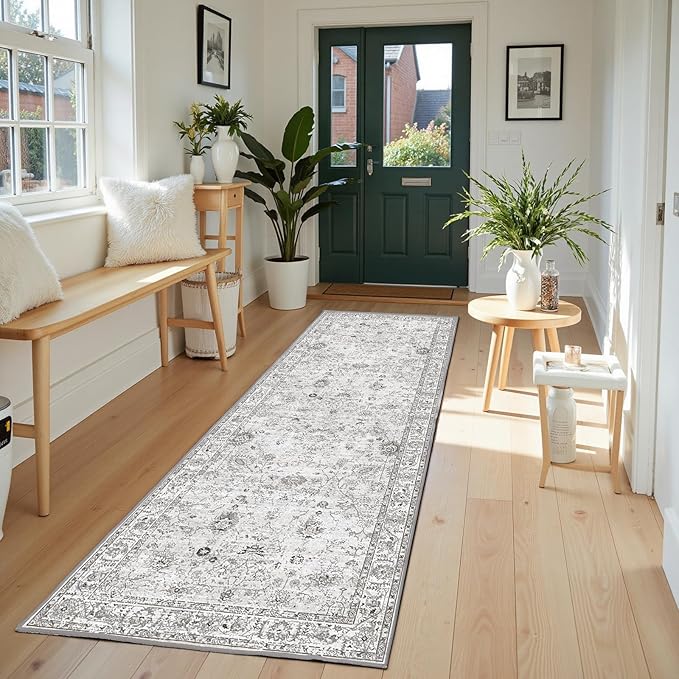 Grey Rug for Hallways Kitchen Rug 2x6, Non Slip Washable Rugs with Rubber Backing Soft Floral Carpet Runner for Hallways, Kitchen, Laundry, Bedroom, Bathroom (Grey, 2 x 6)