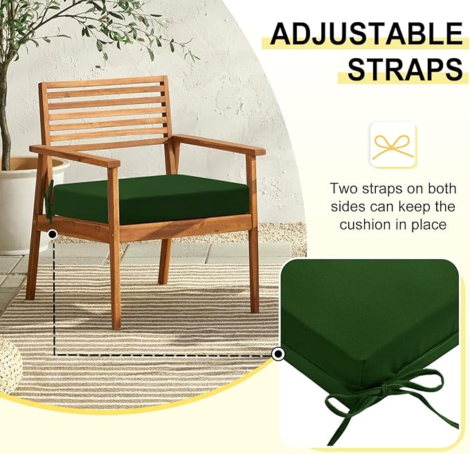 downluxe Outdoor Chair Cushions Set of 4 for Patio Furniture, Water-Resistant Square Corner Patio Chair Cushions with Ties, High Density Foam Outdoor Seat Cushion, 18.5" X 16" X 3", Forest Green