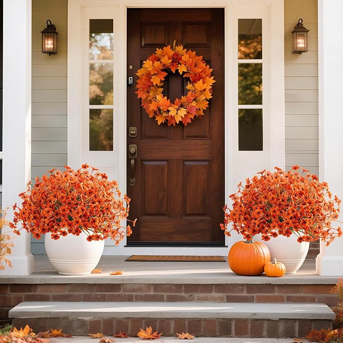 Artificial Mums Fall Fake Flowers for Outdoors, 12 Bundles Faux Mums for Outdoor Planters Autumn Decorations,UV Resistant Silk Flowers for Front Porch Garden Patio Home Decor(Fall-Orange)