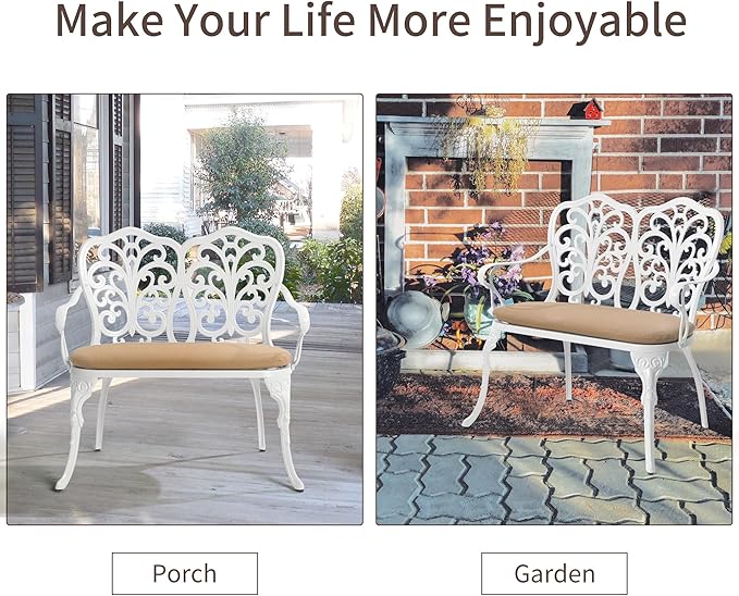 HOMEFUN Outdoor Bench with Cushion - Patio Garden Benches Metal Loveseat Butterfly Cast-Aluminum Outside Furniture for Park Lawn Front Porch White