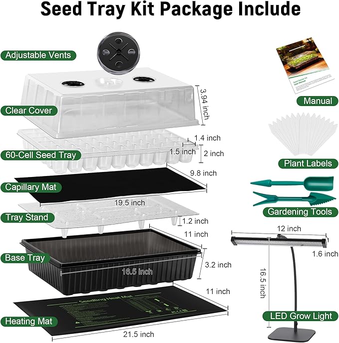 60-Cell Self-Watering Seed Starter Kit with Grow Light and Heat Mat, Seedling Tray with Humidity Dome, Indoor Plant Germination Tray for Beginners - Grow Tomatoes, Peppers, Herbs & Flowers