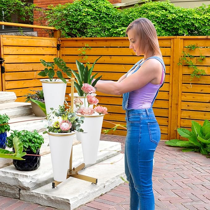 Flower Display Stand with 4 Bucket,Floral Stand with Foldable Frame for Silk Fresh Flowers,4 Tier Florist Shelf Plant Cart for flower shop Garden Living Room,Easy to Install (Gold Shelf+ White Bucket)