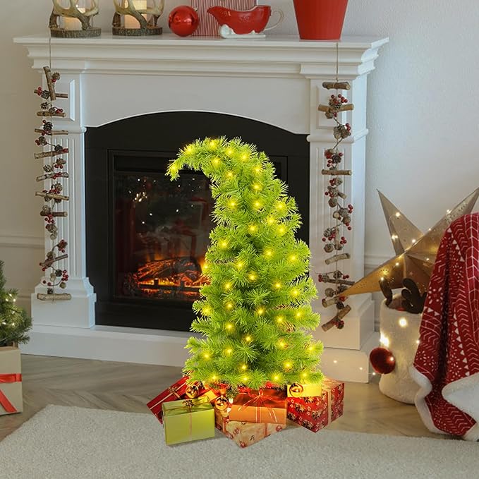 2 Pack Whimsical Christmas Urn Filler, 30 Inch Battery Operated Lighted Xmas Whimsical Christmas Tree, Tripod Stake and 60 LED Lights, Holiday Porch Decorations for Porch, Yard, Garden, Flower Beds