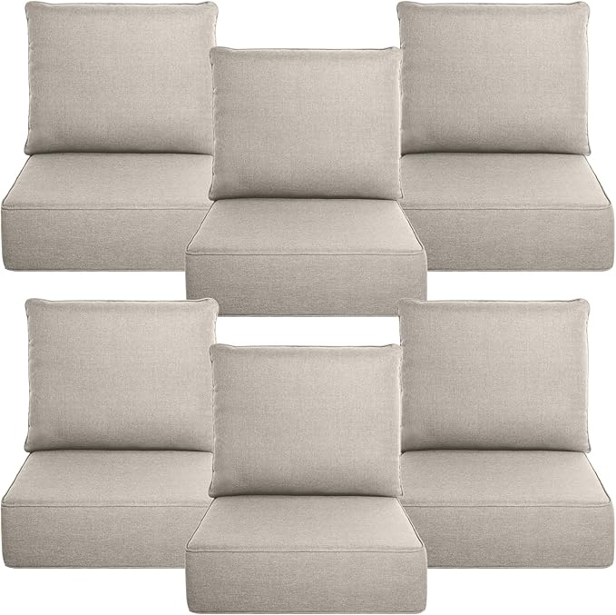 Belord Luxury 6" Thick Outdoor Cushion 6 Set - 24 x24 Inch 28D Sponge Filling Fade-Resistant Chair Cushion, Spill Proof Removable Patio Furniture Replacement Cushion for Sofa Bench Swing - Beige