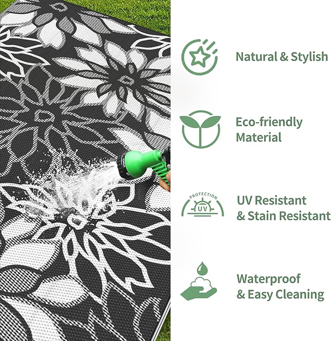 GENIMO Outdoor Rug Waterproof for Patio Decor, 5' x 8' Reversible Plastic Straw Floral Camping Carpet, Large Area Rug Mat for RV, Camper, Deck, Balcony, Porch, Beach, Picnic, Black & White