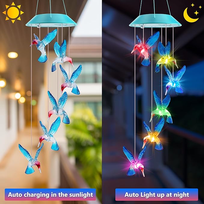 Solar Hummingbird Gift for Mom Grandma Girls, Color Changing Solar Wind Chimes for Outside, Outdoor Decorative Mobile Lights for Garden, Patio, Window, Party Decors, Gift for Women