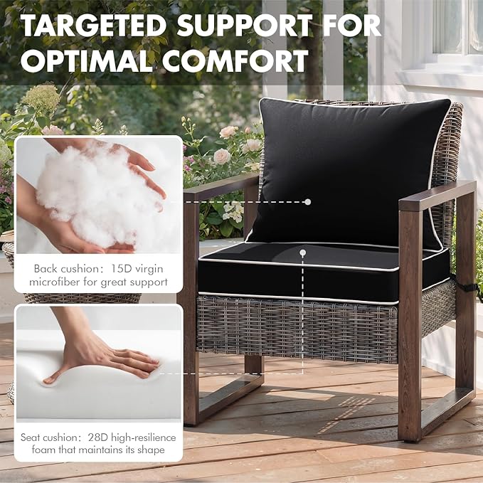 MIULEE Black Outdoor Seat Cushion 24x24 Inch Waterproof & 3 Year Fade Resistant Deep Seat and Back Cushion for Patio Furniture Chair Sofa Couch with Handle and Adjustable Straps
