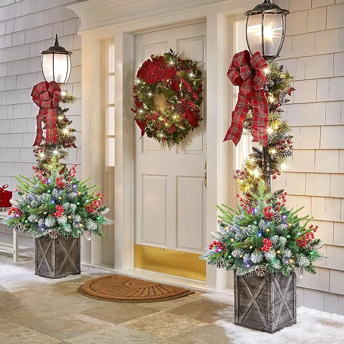 2 Pack Artificial Christmas Urn Filler,20" MUL-ti Color 50 LED Outdoor/Indoor Trees with 8 Modes & Auto Timer,Waterproof Battery Box & Stakes,Includes Pine Cones & Red Berries for Holiday Decor