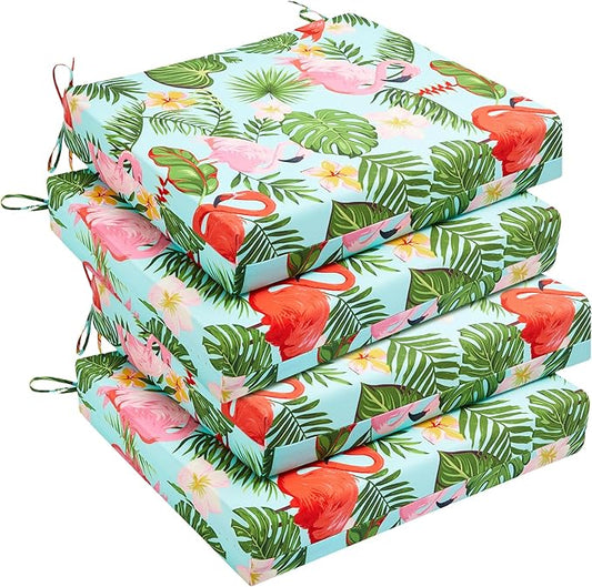 downluxe Outdoor Chair Cushions Set of 4 for Patio Furniture, Water-Resistant Square Corner Patio Chair Cushions with Ties, High Density Foam Outdoor Seat Cushion, 18.5" X 16" X 3", Tropical Flamingo