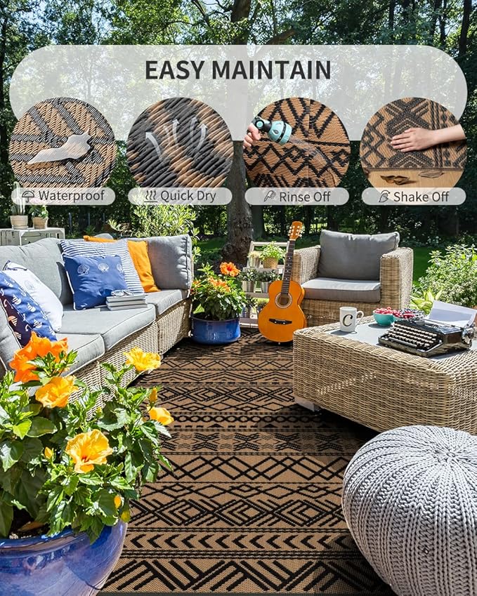 MontVoo Outdoor Rug Carpet Waterproof 6x9 Outdoor Patio Rug Mat Reverisble Plastic Straw Outdoor Rug for RV Camping Picnic Beach Balcony Boho Black Brown