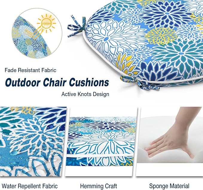 Outdoor Chair Cushions Set of 2, Water Resistant Patio Chair Pads with Ties, Seat Cushions for Home Garden Furniture Decoration, 16"x17", Dahlia Blue