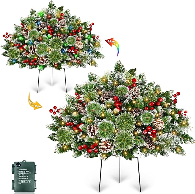 Timer - 2 Pack 24" Lighted Outdoor Christmas Tree Urn Fillers,Warm White&Colorful Lights 8 Mode Snowy Pinecone Red Berry Battery Operated Tripod Stake Holiday Planters Outdoor Christmas Decorations