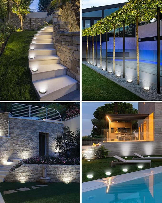 btfarm 24 Pack Solar Ground Lights Outdoor, 8 LED Solar Disc Lights IP65 Waterproof Flat Solar Lights, Pathway Lights Solar Powered for Garden Lawn Patio Yard Path Landscape, Cool White