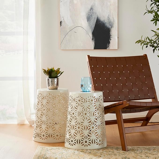 Glitzhome Ourdoor Side Table Set of 2,Solar Iron Cutout Geometric Pattern Decorative Garden Stool Planter Stand,Accent Table or Lantern for Patio Poolside Party Yard,White