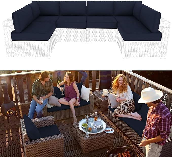 Outdoor Sectional Cushions Replacement Set, 26x26in Patio Furniture Cushions, 14 Pieces Waterproof Outdoor Couch Cushion for 6 Seat Wicker Conversation (Navy Blue)