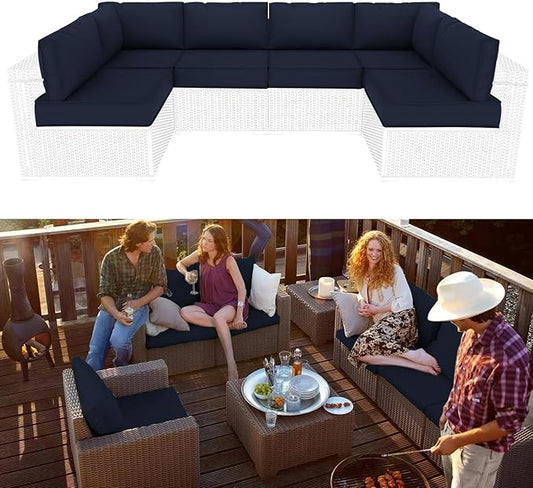 Outdoor Sectional Cushions Replacement Set, 26x26in Patio Furniture Cushions, 14 Pieces Waterproof Outdoor Couch Cushion for 6 Seat Wicker Conversation (Navy Blue)