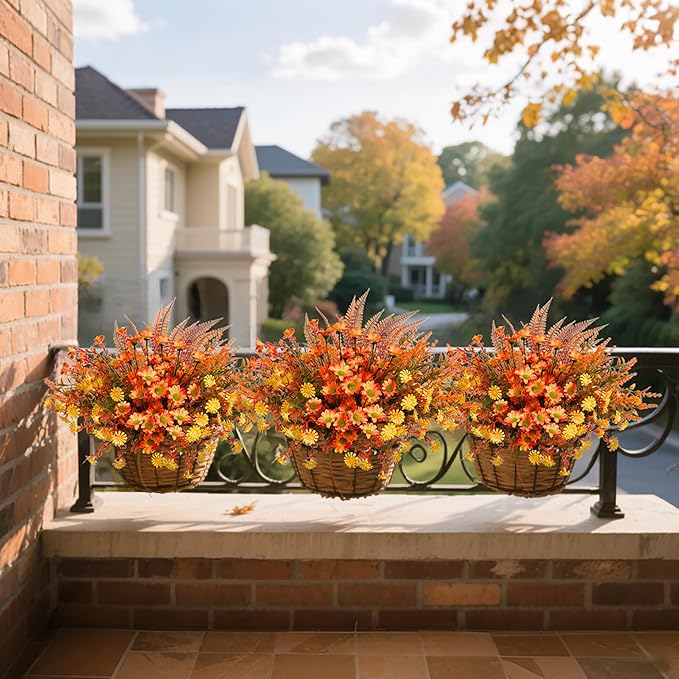 Fall Flowers Artificial for Thanksgiving Decoration, Artificial Mums for Outdoors, 10 Bundles Fake Fall Plants, Faux Mums for Outdoor Planters, Indoor Home Porch Decor (Early Harvest)
