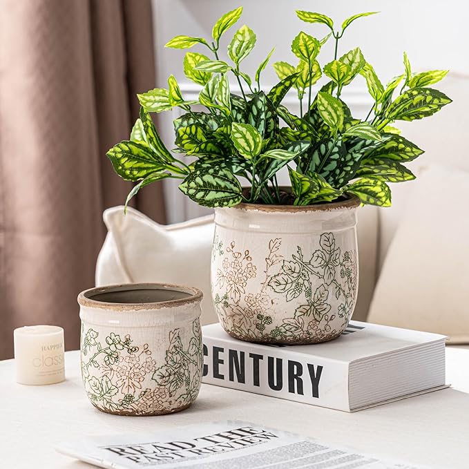 Set of 2 Ceramic Planters for Indoor Plants, 4.7+5.7 Inch Vintage Pots without Drainage Hole , Pastoral Rustic Planter Set, Decorative Ceramic Plant Pots for Flower, Indoor Planter Pots for Home Decor
