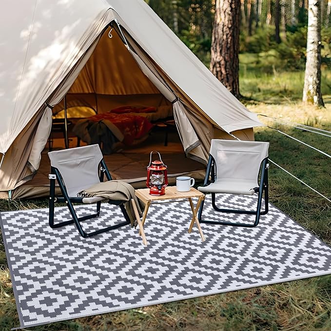 OLANLY Waterproof Outdoor Rug 9x18 ft, Outdoor Plastic Straw Rug for Camping, RV Mat Outside, Outdoor Carpet for Porch, Deck, Backyard, Balcony, Picnic, Grey & White