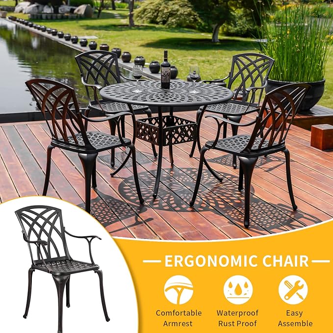 Outdoor Patio Chairs Set of 2, Cast Aluminum Biistro Dining Chairs Set of 2 with Armrest, Metal Patio Dining Chair for Garden Deck Backyard, Bronze