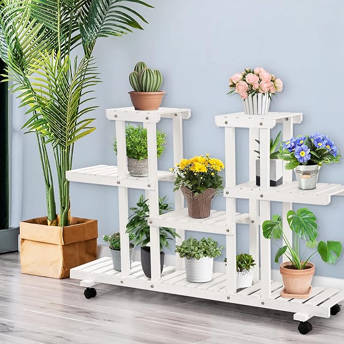 Giantex Rolling Flower Rack Wood Plant Stand on Wheels 6 Wood Shelves 12 Pots Bonsai Display Shelf Indoor Outdoor Yard Garden Patio Balcony Living Room Storage Rack Bookshelf Hollow Shelves (White)