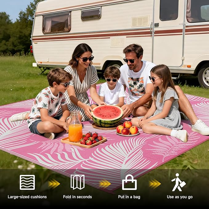 Pauwer Waterproof Outdoor Rug 8x10, Reversible Plastic Straw Patio Camping Rug, Indoor Outdoor RV Mat Carpet for Deck, Camper, Porch, Balcony, Backyard, Picnic, Leaf Pink
