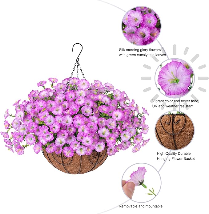 Artificial Faux Hanging Flowers Plants Basket for Outdoors Spring Decoration, UV Resistant Fake Silk Morning Glory in Planter Look Real Hanging Baskets for Outside Porch Patio Balcony Yard Home Decor