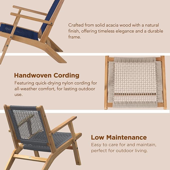 Balkene Home 63634 Vega Natural Stain Outdoor Chair Acacia Wood Construction Woven Web Seat Mid Century Design Comfortable Reclining Armchair Patio Lawn Garden Backyard Deck - Navy Blue Cording