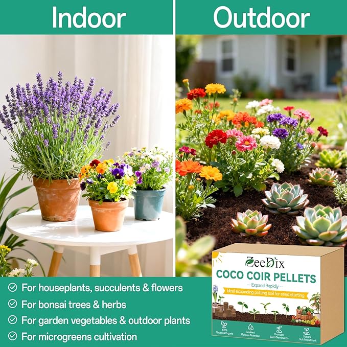 ZeeDix 50pcs(40mm) Coco Coir Pellets Potting Soil Indoor Plants, Compressed Coconut Coir Soil Pellets Seed Starting Pellets Soil Discs for Planting Flowers Bonsai Herbs Plants and Vegetables