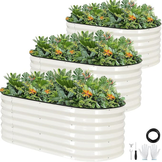Galvanized Raised Garden Bed Outdoor |17'' Tall Planter Box Outdoor for Deep Root Plants | 3Pcs Raised Bed Kit for Gardening with Rubber Strip for Vegetables Flowers Fruits (White, 4x2x1.4FT)