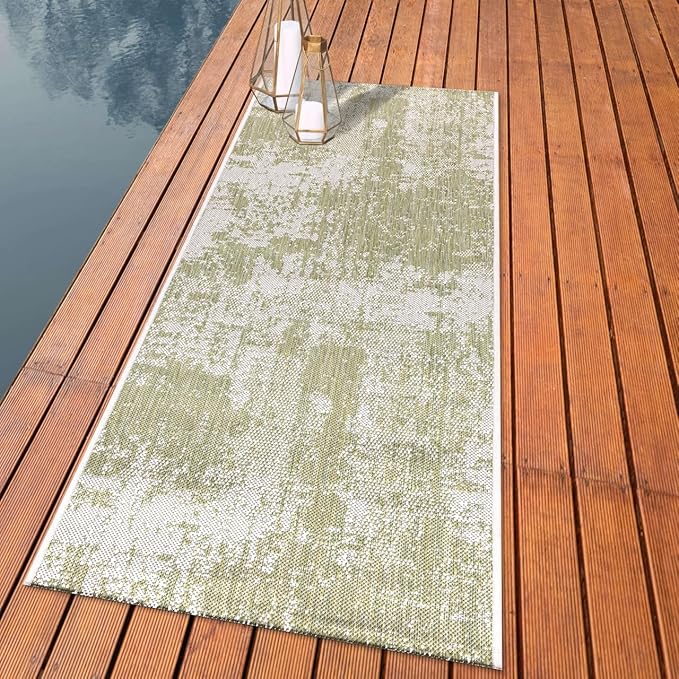 Keen Home Design Terrace Outdoor Runner Rug - 26"x142" Washable Indoor/Outdoor Rug for Patio, Kitchen, Balcony, Beach, Garden, Deck and Porch, Size: 2'2" x 11'10", Abstract Green