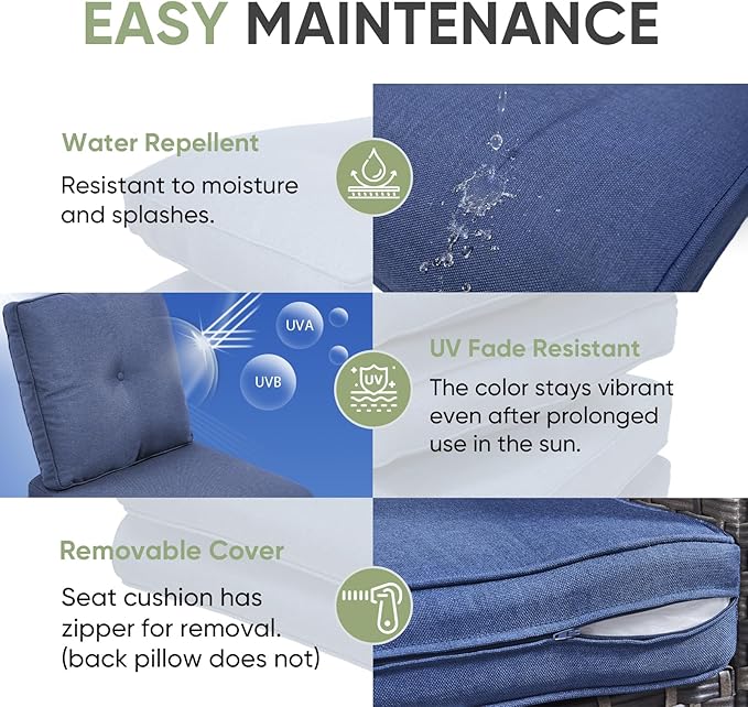 Outdoor Chair Cushion Set of 2, Waterproof Outdoor Seat Cushions 25x22, Patio Chair Cushions for Outdoor Furniture, Couch Cushion Replacement, Include 2 Back & 2 Seat Cushions, Button/Blue