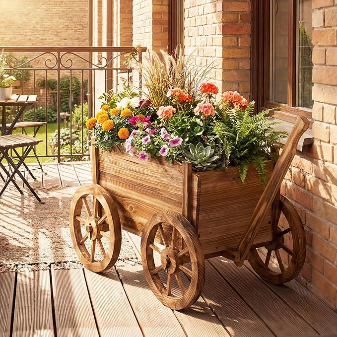 Giantex Wood Wagon Planter, Rustic Rolling Flower Pot Stand with Wheels, Handle & Drainage Hole for Growing Vegetables Herbs, Indoor Outdoor Decorative Cart for Patio Balcony Garden