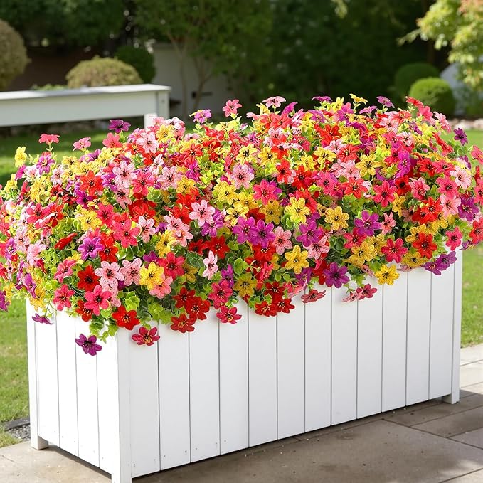 SHareconn 24 Bundles Artificial Flowers for Outdoors Spring Decoration, Fake Silk Realistic Faux Plants UV Resistant for Outside Planter Porch Patio Indoor Decor, RedRosePurpleYellowPink