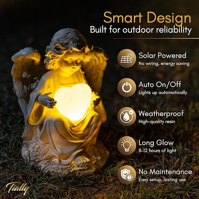 TIALLY Solar Garden Angel Statue – Praying Guardian Angel Statue Light for Outdoor Yard Decor, Resin Garden Sculpture with Soft Glow for Angels Memorial or Cemetery Use