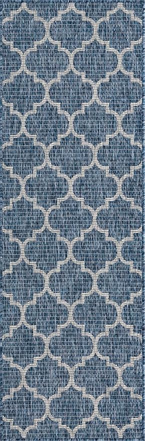 Unique Loom Outdoor Trellis Collection Area Rug (2' x 6' 1" Runner, Navy Blue/ Ivory)