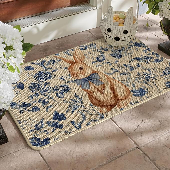 Artoid Mode Rabbit Bunny Blue Porcelain Flowers Bow Easter Doormat, Home Decor Low-Profile Switch Rug Door Mat Floor Mat for Indoor Outdoor 17x29 Inch
