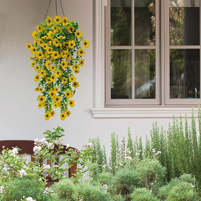 4 Pcs Fake Outdoor Artificial Flowers For Outdoors Uv Resistant, Plastic Flowers For Outdoors, Fake Hanging Plants Faux Flowers For Outdoor Planters, Silk Spring Flowers For Outside Porch（Yellow）
